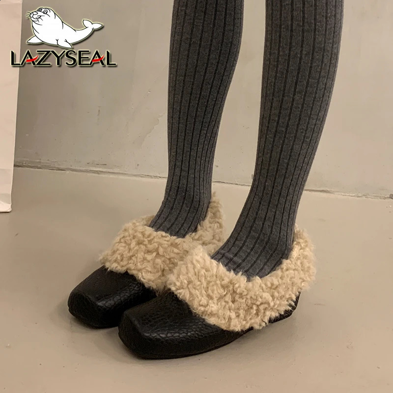 Lazyseal 5cm Height Increasing Woman Casual Shoes Furry Slip On Square Toe Fashion Warm Woman Autumn Winter Flats Shoes 260917