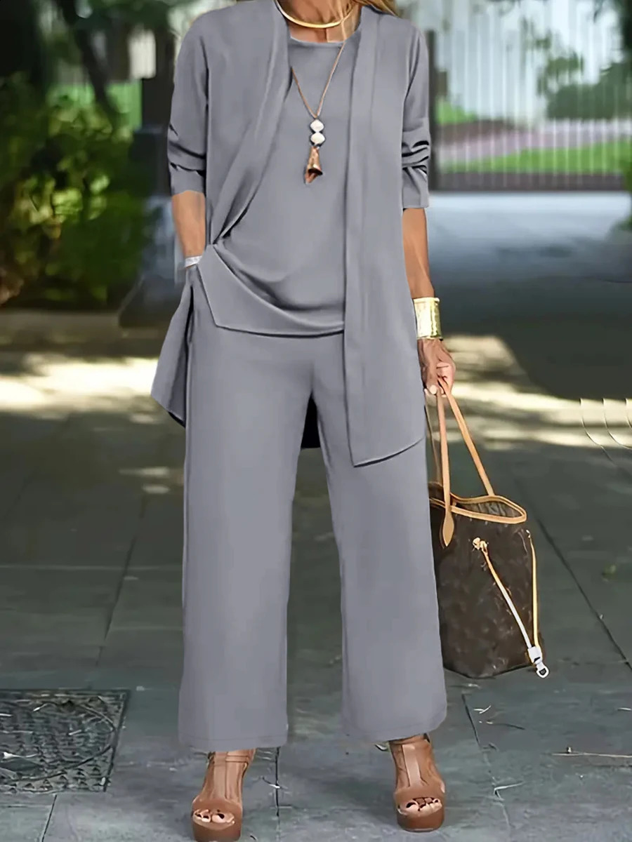 2026 Women Casual 3 Piece Set Solid Long Sleeve Cardigan Top Wide Leg Pants Suit Elegant Office Lady Spring Autumn Fashion Wear 260917