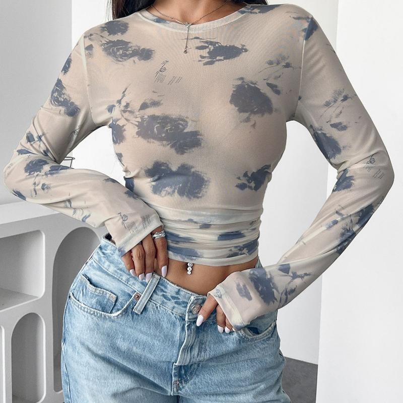 Designer Daily Wear Sexy Bodycon Elegant Women Mesh Print Pleated Side Short Top Long Sleeve Round Neck Blouse Autumn Commute Wear S-XXL