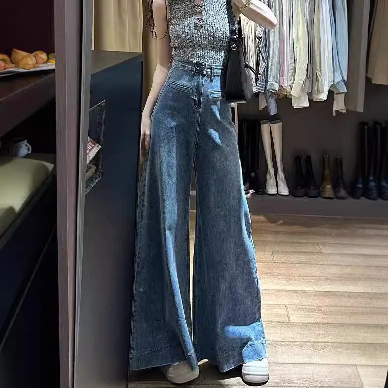 Women Vintage Blue High Waisted Loose Floor Length Jeans Wide Leg Pants Autumn American Street Style Draped MAKOUFEI