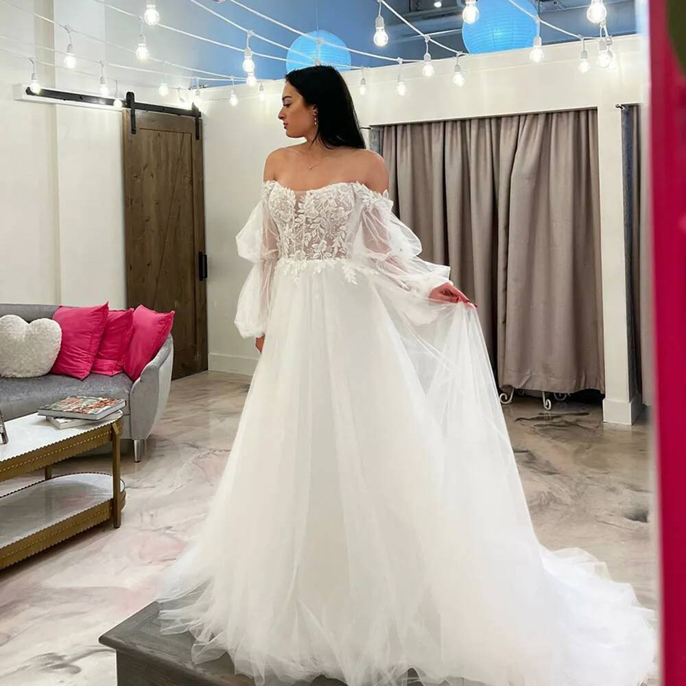 Sexy Puffy Sleeve A Line Wedding Dresses For Women Off The Shoulder Lace Appliques Bead Bridal Gown Multilayered Boho Mariee 326 Ppliques Q916
