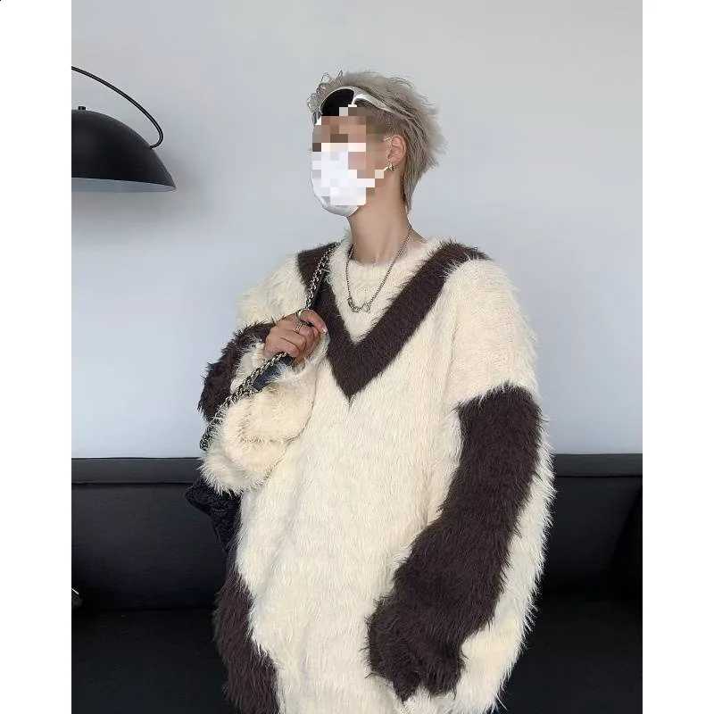 Faux Fit Men's Fur Loose Knit Sweater Autumn Winter Patchwork Color Block High End Sensation Comfortable Breathable Long Sleeve J260916