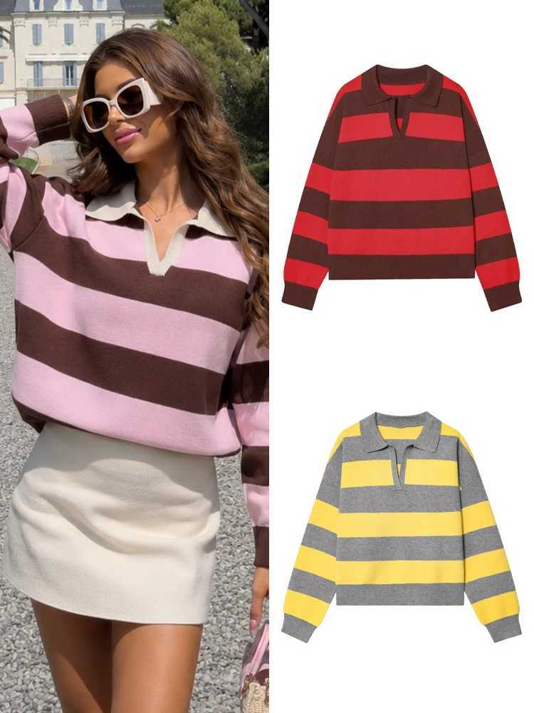 HH Women Elegant Striped Polo Shirt Knit Color Blocked Long Sleeve Lapel Warm Sweater 2026 Spring Autumn Casual Vacation Outfit S260917OC2H