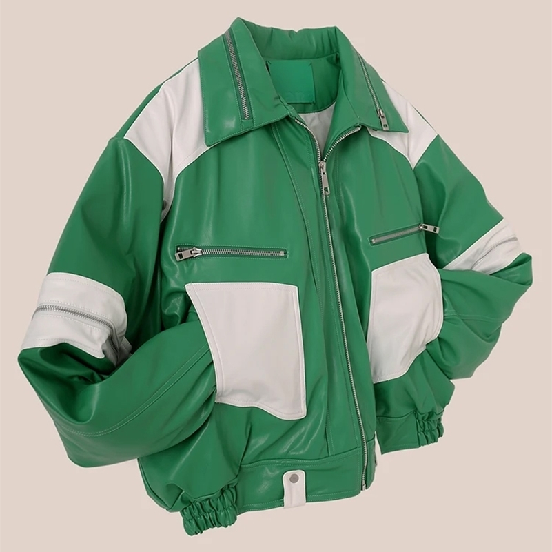Mauroicardi Spring Autumn Oversized Green and White Patchwork Pu Leather Jacket Men with Many Zippers y ner Clothes y260902