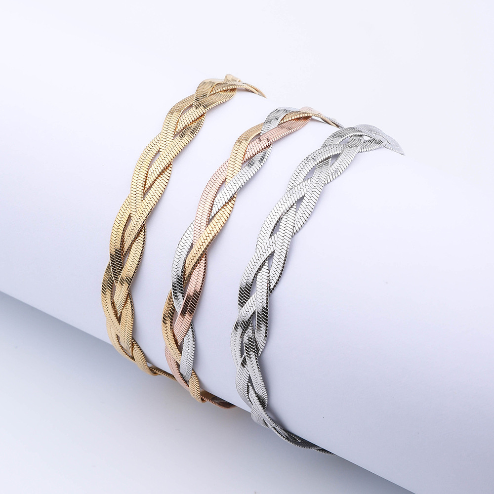 Three-layer Stainless Blade Snake Bone for Women Fashion Simple Color-blocking Braided Vintage Titanium Steel Bracelet