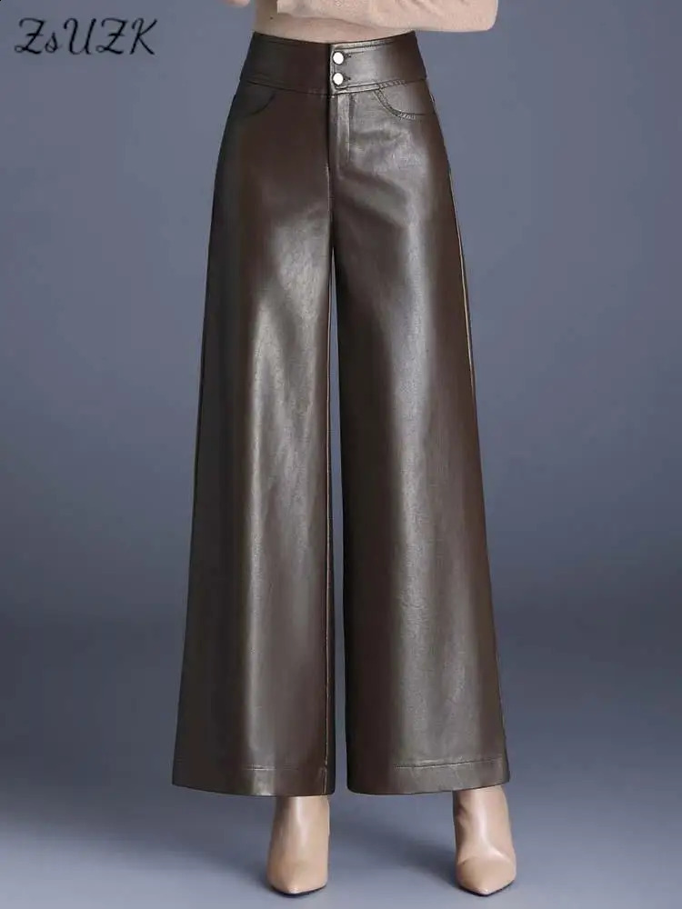 ZUZK High Quality Women PU Leather Wed Leg Pants Autumn Winter Fashion Warm Long Leather Pants Elegant LeatherTrousers 260917