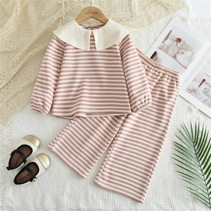 Autumn Sweet and Cute Lapel Striped Long Sleeved Toppants Set for Girls Aged 3-7 Daily Wear Children's Casual Clothes 260902