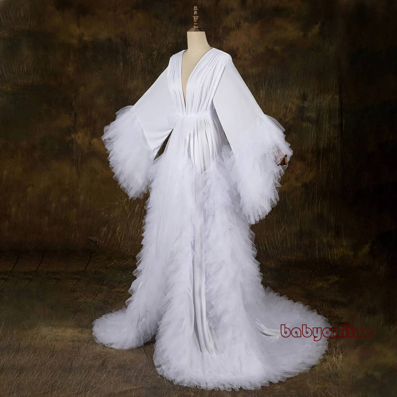 Ruffles Kimono Women Dresses Robe For Photoshoot Puffy Long Sleeves Prom Gowns African Cape Cloak Maternity Dress