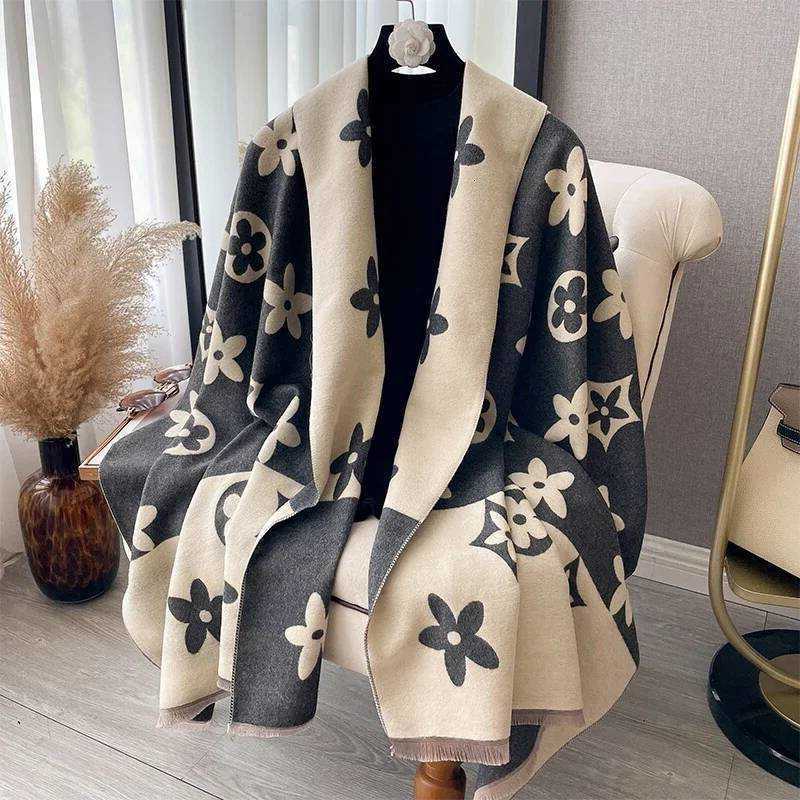 Women's New Double-Sided Print Flower Scarf Soft Warm Winter Outdoor Cold-Resistant Windproof Shawl S260917272Q