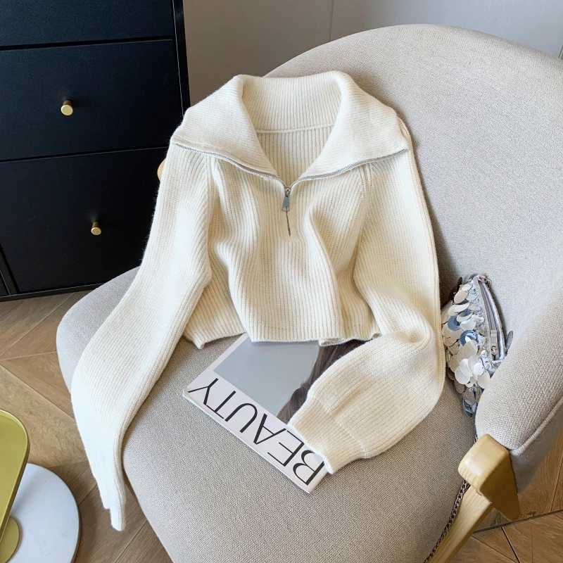 Women's Short Knitted Sweater with Half Zipper Collared Design Autumn Winter New Style Retro Lazy Fashion Label Removed S260917EXFV