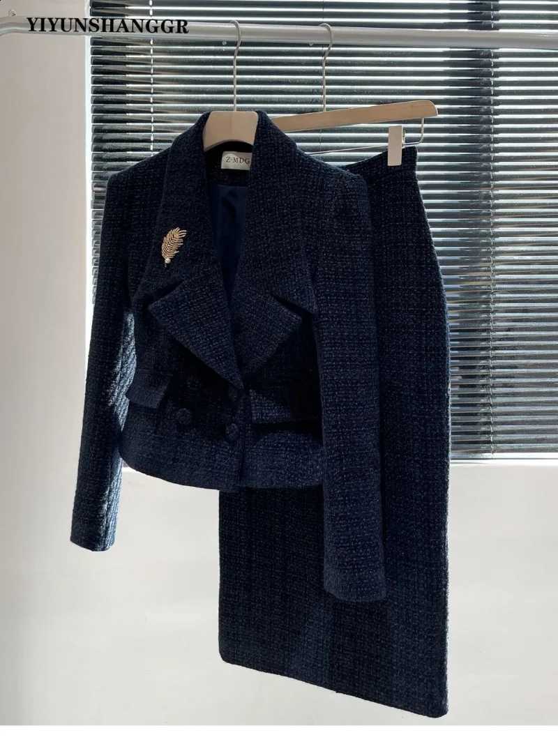 Autumn Winter New Tweed Women's Suit High End Elegant Lapel Long Sleeve Short Jacket + Split Slim Skirt Solid Color 2 Piece Set C260917