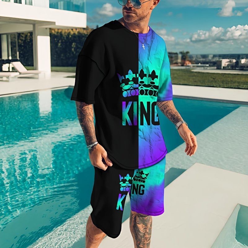 European and American Export Fashion Trendy Casual Digital Print 3D Short Sleeve Set T-Shirt High Street Manufacturer Wholesale f2