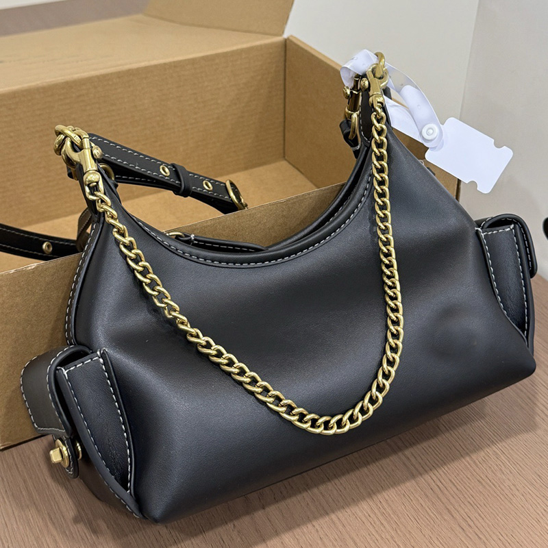 Vintage Autumn new Women black leather designer shoulder bag high quality lady 22cm small Underarm Hobo Bag with side flap pockets luxury chain stra