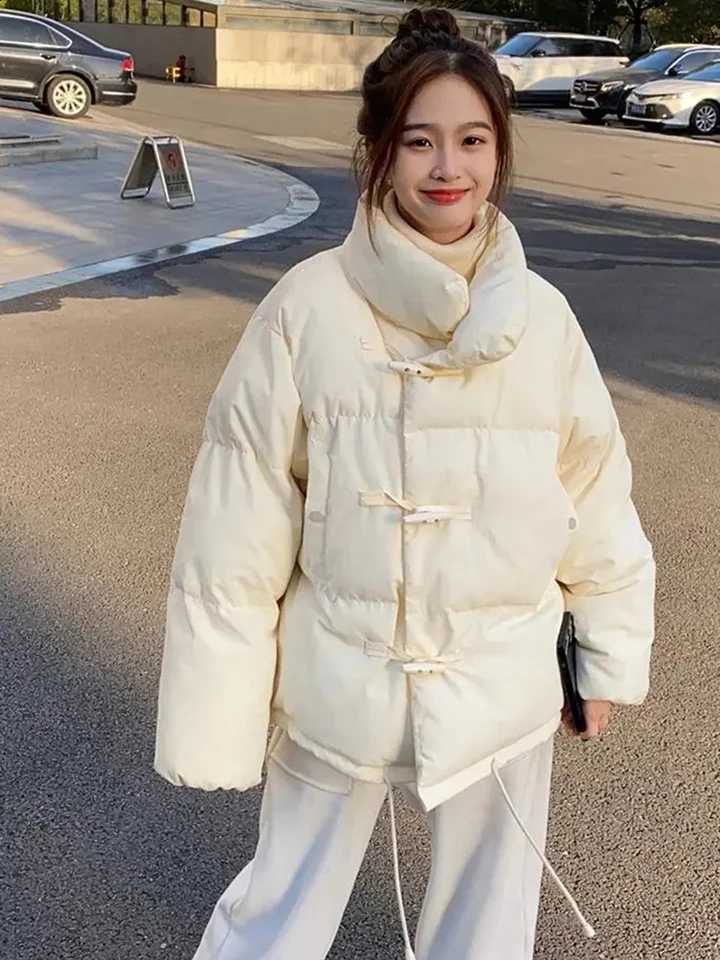 Cute Preppy Style Sweet Puffy Parkas Women Loose Vintage Long Sleeve Cotton Coat Casual Stand Collar Winter Warm Thick Jacket H260917