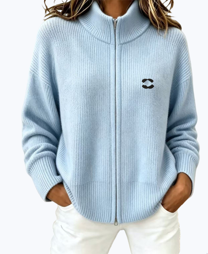 designer women sweater autumn winter long sleeved knitted sweater jacket for women with a stand up collar and two zippers