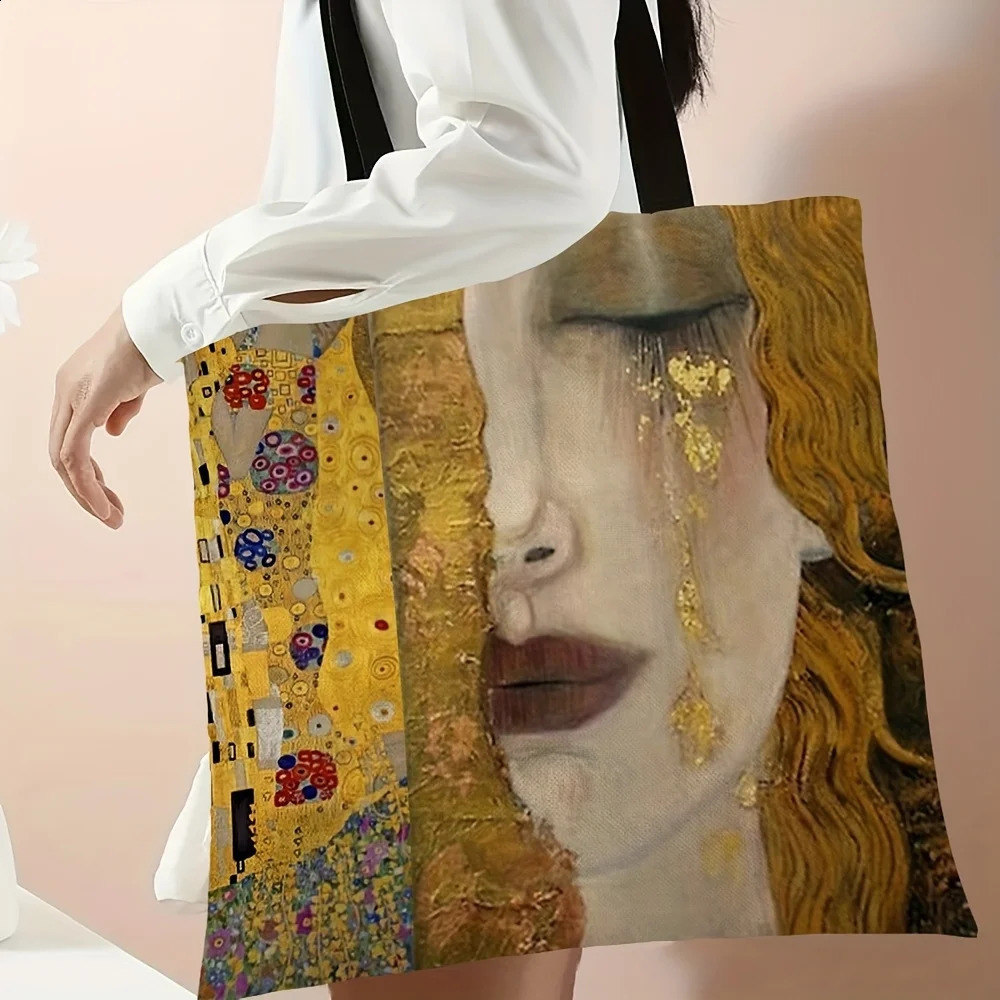 1pc Artistic Tote Bag kiss Golden Oil Painting Abstract Large Capacity Casual Shoulder Bag Reusable Fashion Character Handbag 260916