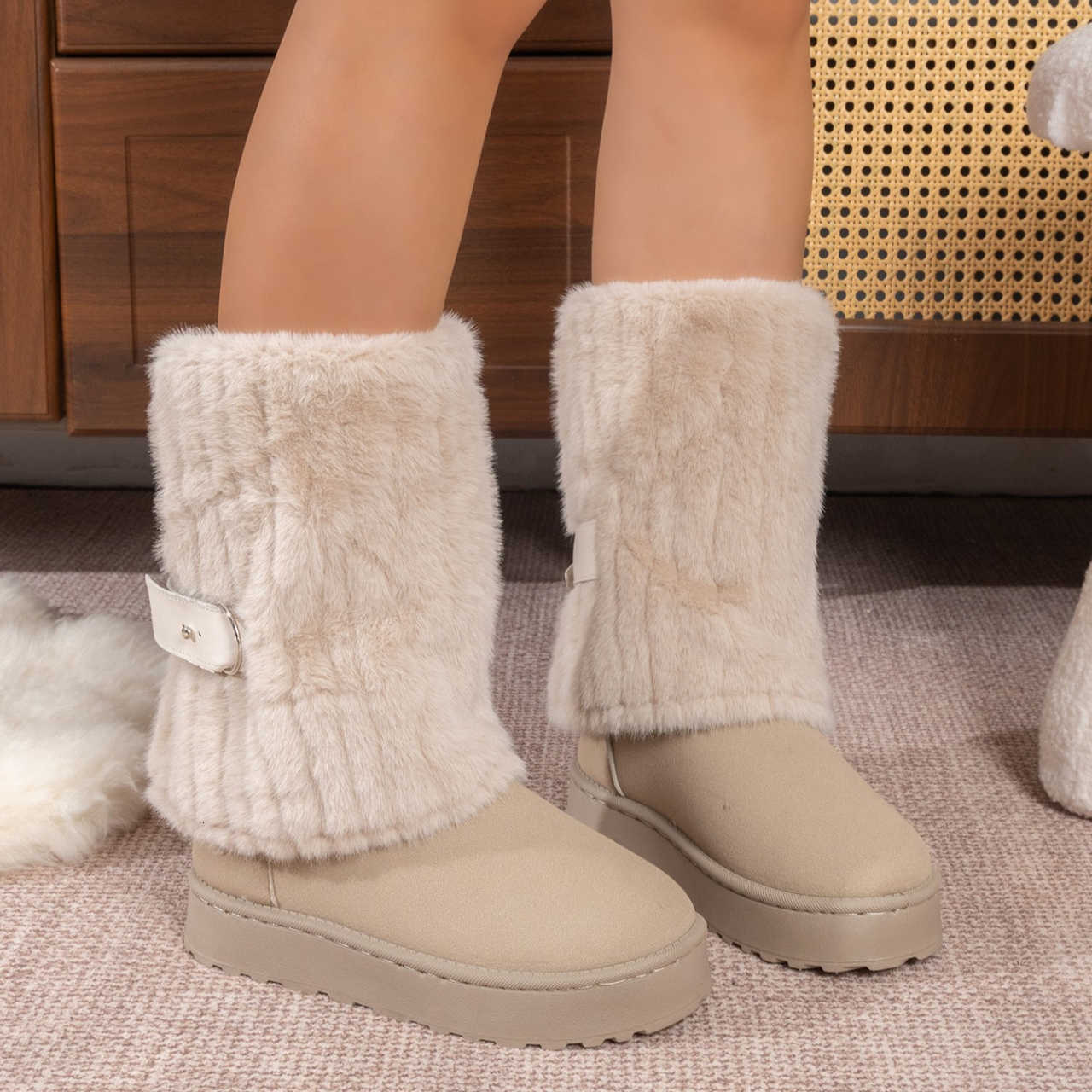 Toe Women's Snow Boots Round Flat Platform Sole Faux Fur Trim Strap SlipCasual Winter Ankle Boots for Daily Wear D260917