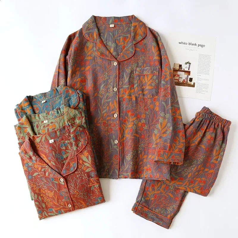 est Retro Style Cotton Yarn-Dyed Leaf Printed Long-Sleeved Long Trousers Cardigan Women's Home Wear Two-Piece Pyjama Set 260916