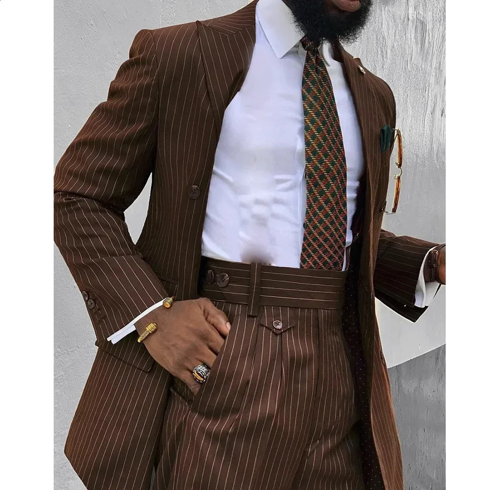 Brown Stripe Men Suits 2 Piece Chic Double Breasted Business Casual Outfits Fashion peaks Lapel Wedding Tuxedo JacketPants 260916