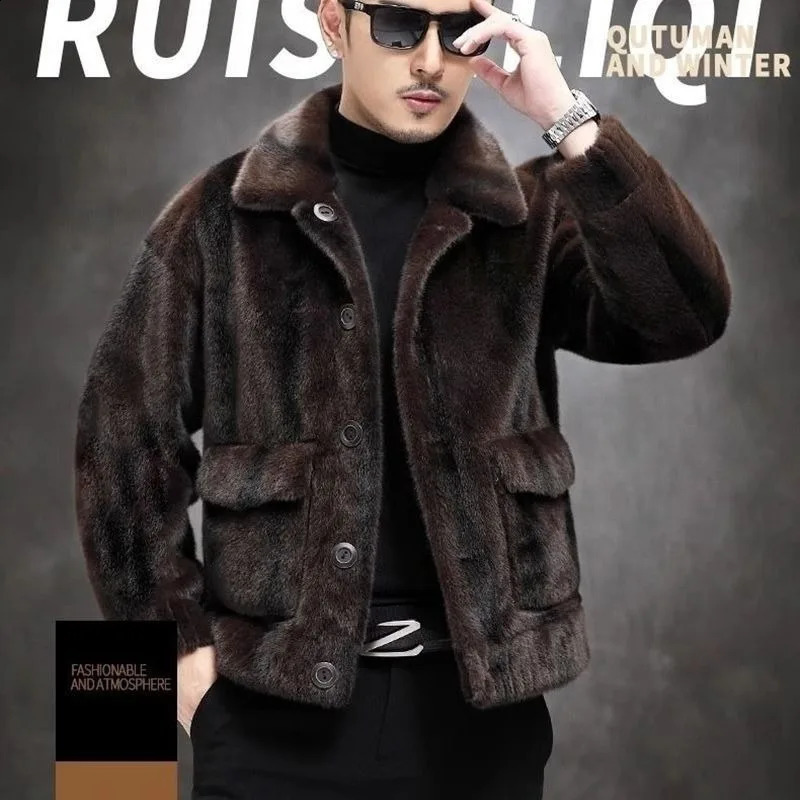 Golden Mink fur Haining DoubleSided Coat With Integrated on Both Sides Short Style for Men Winter Collar Thickened 260917