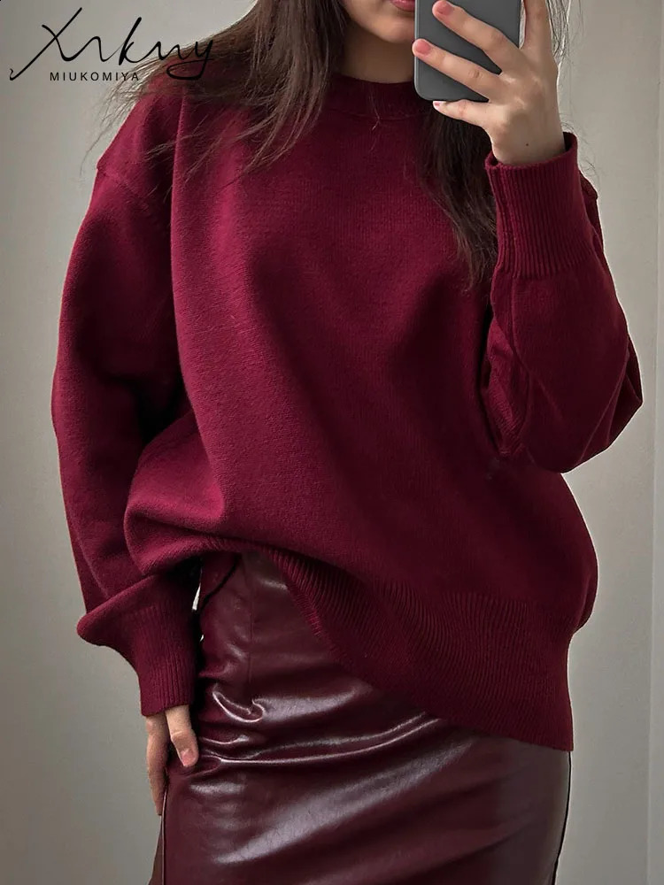 MiuKoMiYa Womens Winter Oversize Sweater Burgundy O Neck Vintage Pullovers Loose Christmas Sweaters For Women Elegant Tops 260917