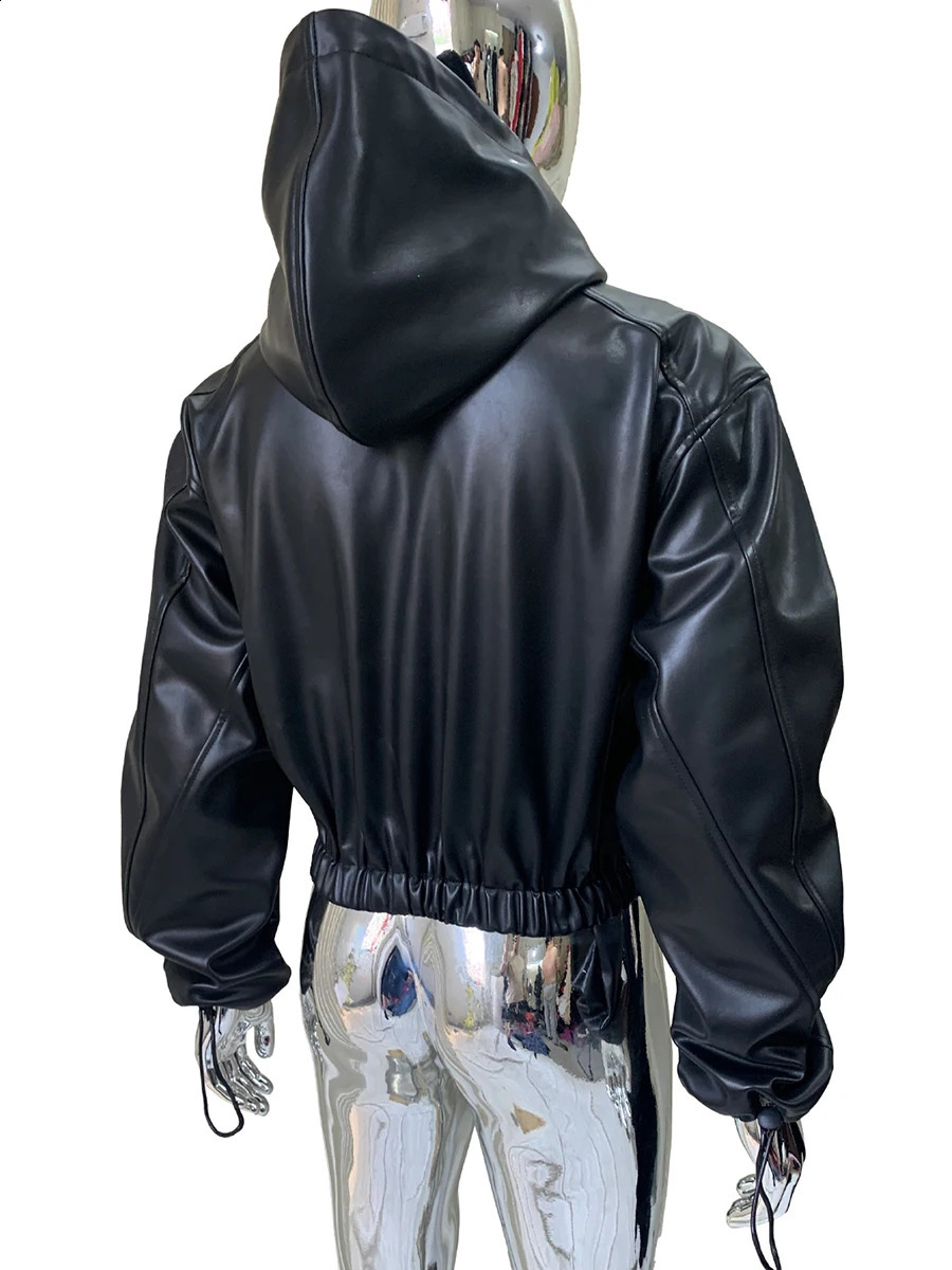 Spring Autumn Short Black Pu Leather Jacket Men with Hood Zipper High Elastic Waist Cool Handsome Cropped Unisex Emo Clothes2025 260917