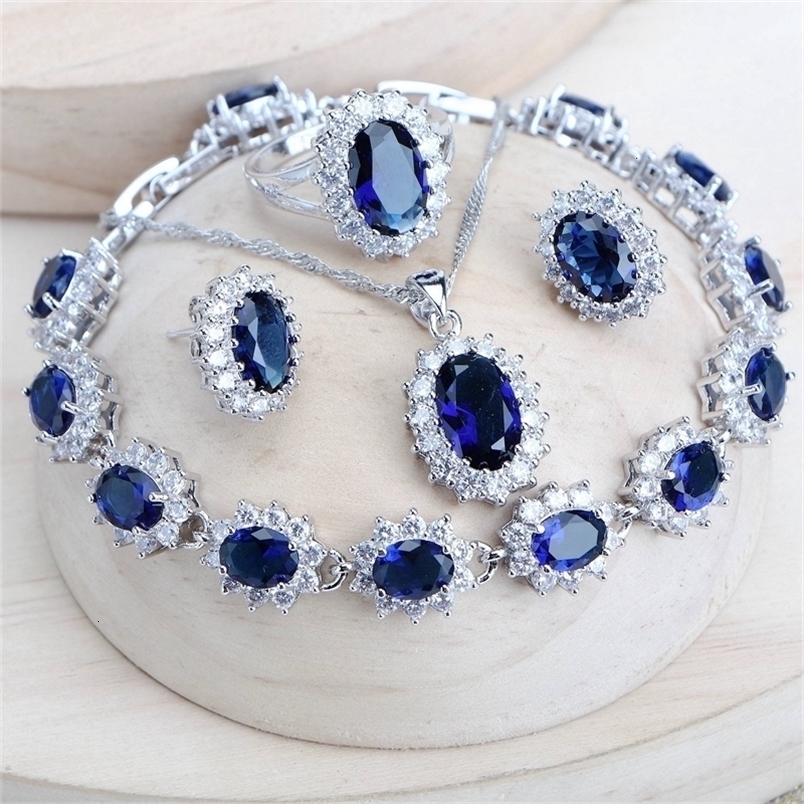 Silver 925 Women Bridal Jewelry Sets Blue Zirconia Costume Fine Jewellery Wedding Necklace Earrings Rings Bracelets Pendant Set 260916