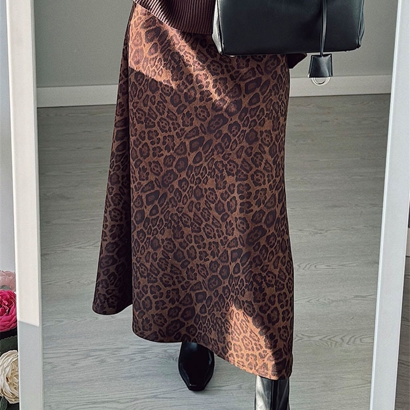 Winter Leopard Print Suede Skirt Long Women Autumn Vintage A Line Brown Maxi Skirts For Women Winter Warm Suede Leopard Skirts 260917