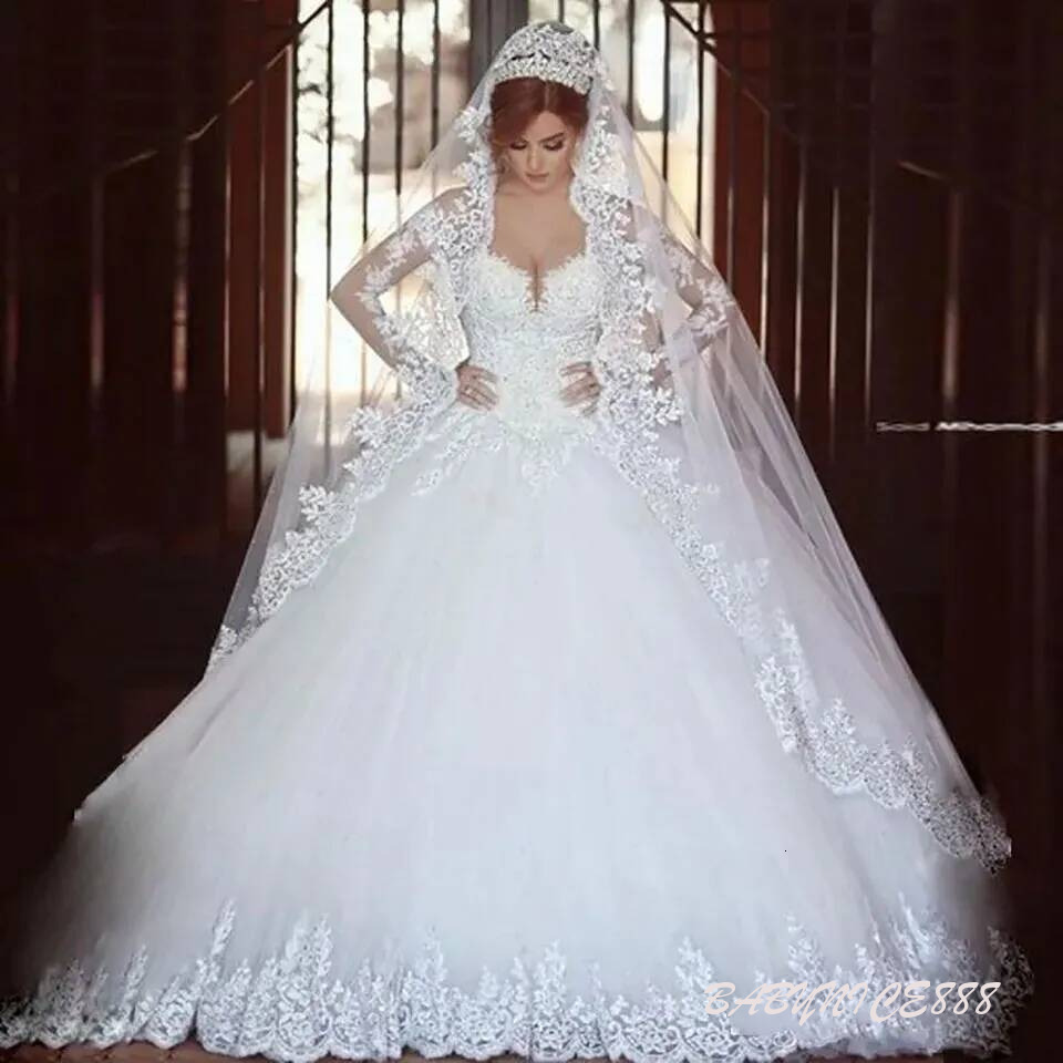 Ball Gown Wedding Dresses Bridal Gowns Formal Long Sleeve Tulle Applique Beaded Crystal Illusion White Ivory Custom Zipper Lace Up Plus Size New Sco