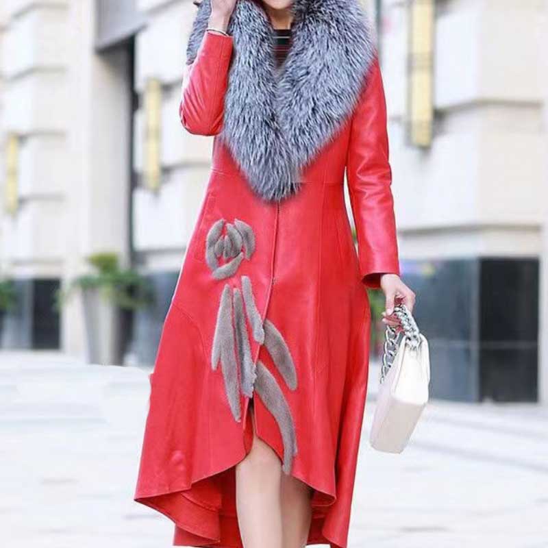 Manteau d'hiver mi-long pour femme, col volumineux, applique florale, fente sur le devant, ourlet irrégulier, manches sur mesure, rouge vif, vête