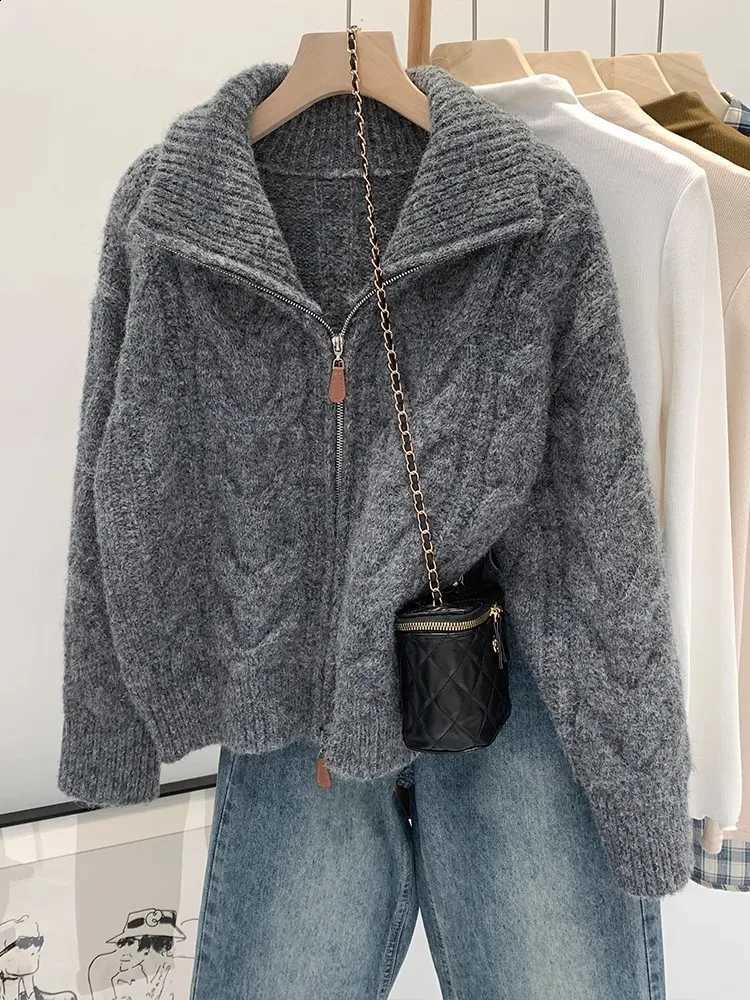 Solid Double Zipper Retro Turn-down Collar Sweater Women Autumn Winter New Lazy Style Loose Knitted Cardigan Thicken Loose Tops J260916