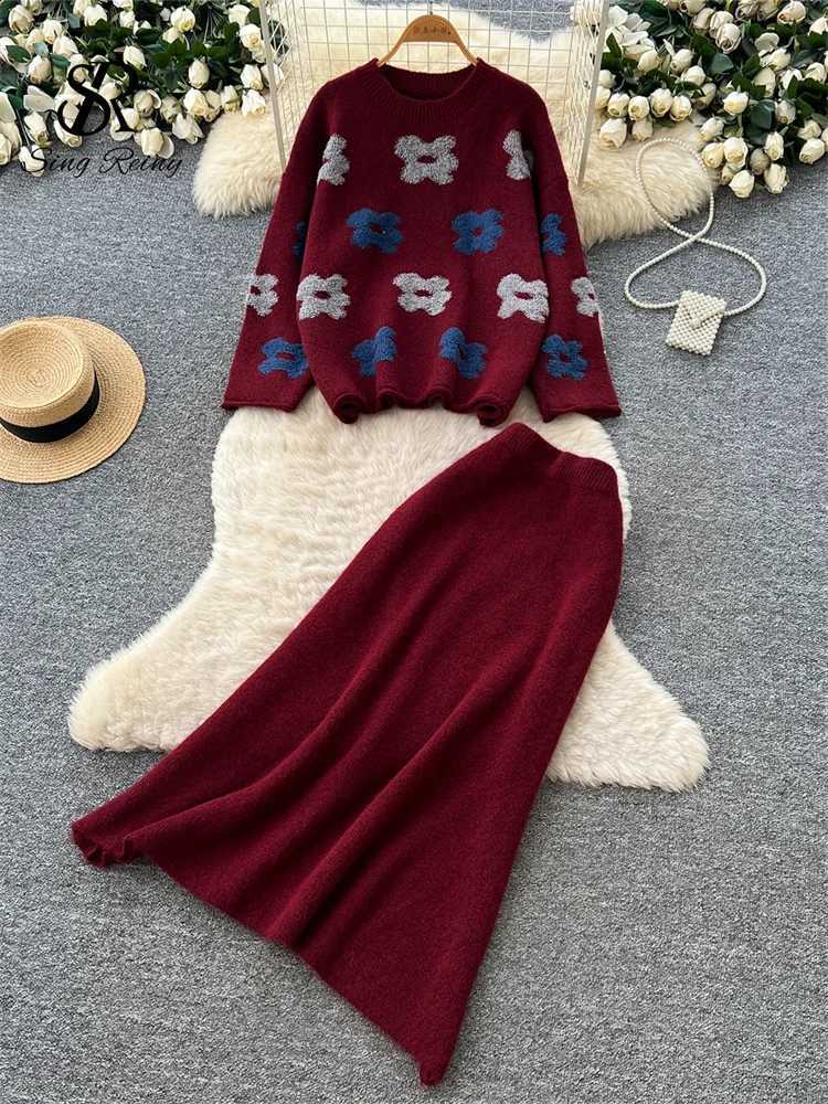 Floral Cashmere Sweater Suits SINGREINY Autumn Winter Warm Wool Pullover+A-line Long Skirt Female Korean Loose Vintage 2Pcs SetsW260915