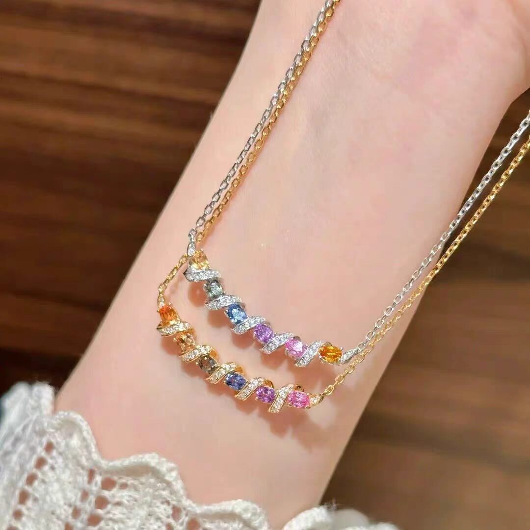 New summer dopamine-inspired, sparkling rainbow bridge smile necklace, fashionable, luxurious, and elegant, wholesale colorful gemstone clavicle cha