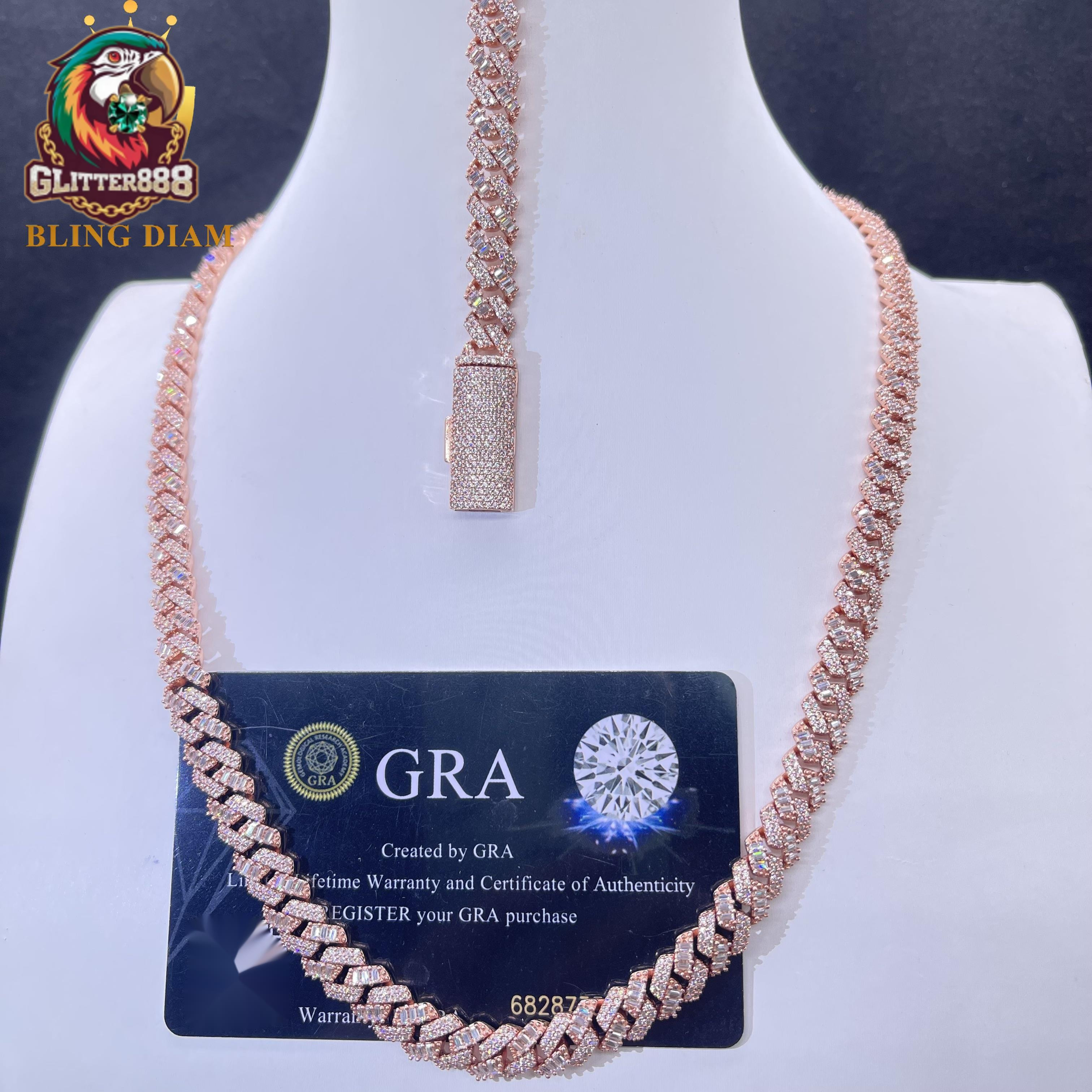 10mm Hip Hop Miami Rose Gold Cuban Link Chain Baguette Moissanite Iced Out 925 Sterling Silver Necklace Bracelet Set for Men
