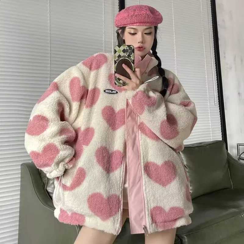 Women Double-sided Wear Loving Heart Lamb Wool Coat Winter New Female Loose Casual Padded Jacket Fashion Stand-up Collar Outwear H260917