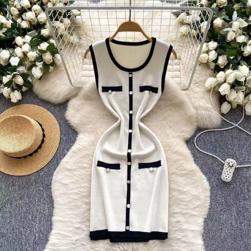 Summer Chic Korean Style Round Neck Black White Splicing Colorless Small Parfum Knitted Dress Women's Fashion