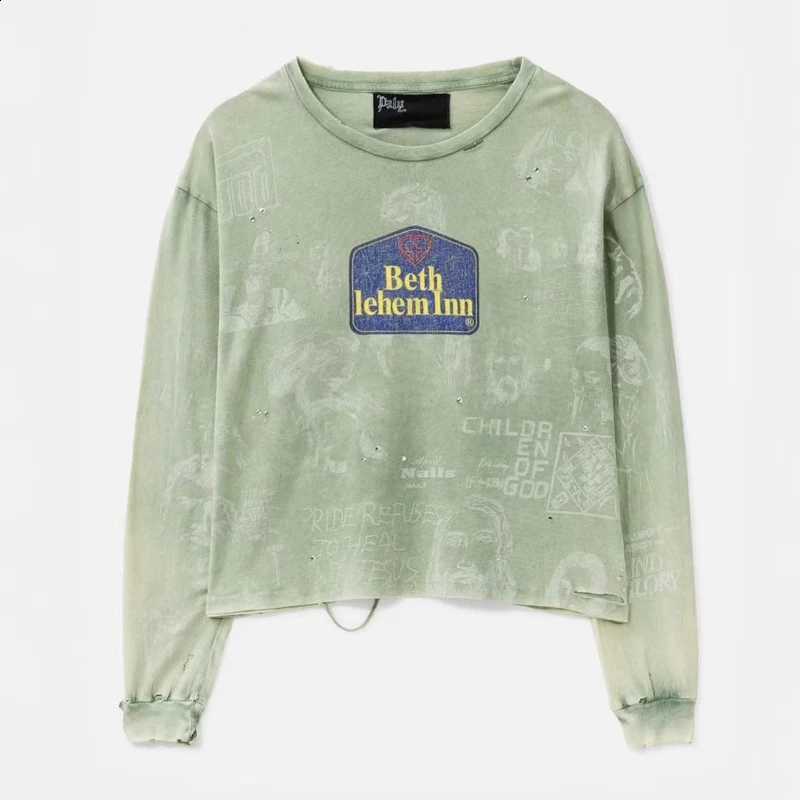 26SS New High Street Trend Paly T-Shirts American Retro Weathered Graffiti Print Men's Women's Long Sleeve Tops X260916