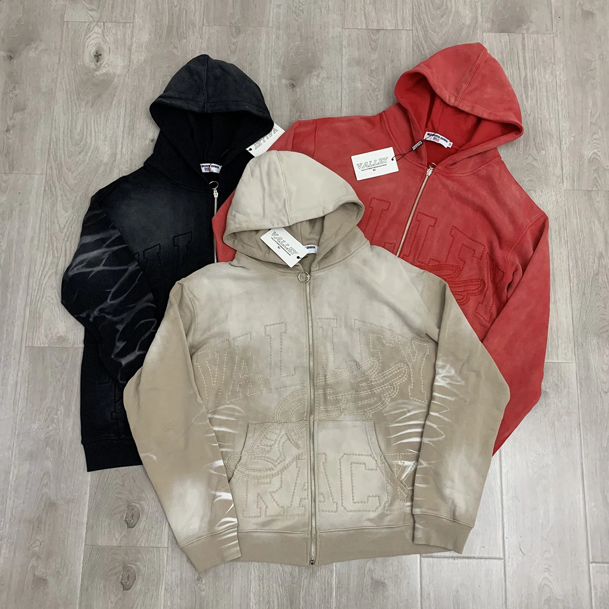 High Street Washed Vintage Embroidery Zipper Hooded Hoodies for Men and Women Cardigan Loose Cotton Sweatshirts Jacket Oversized 260914