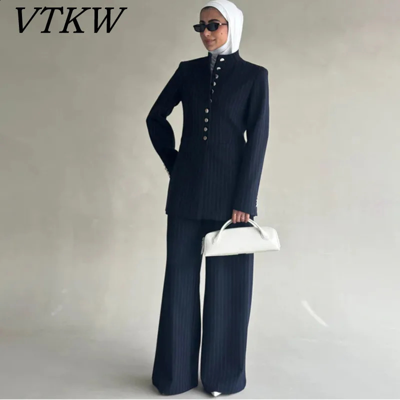 VTKW 2026 Arrival Women Navy Blue Pinstripe Mandarin Collar Single Breasted Blazer Pockets Wide Leg Pants Set Office Casual 260916