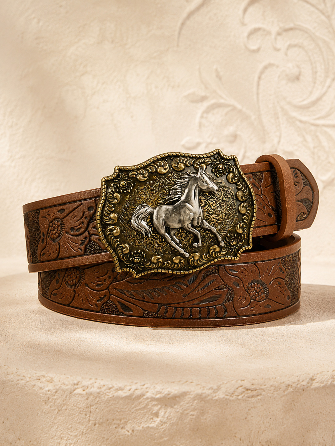 1pc Women Brown Western PU Leather Cowgirl Waist Belt With Horse Buckle For Jeans Dress W260917