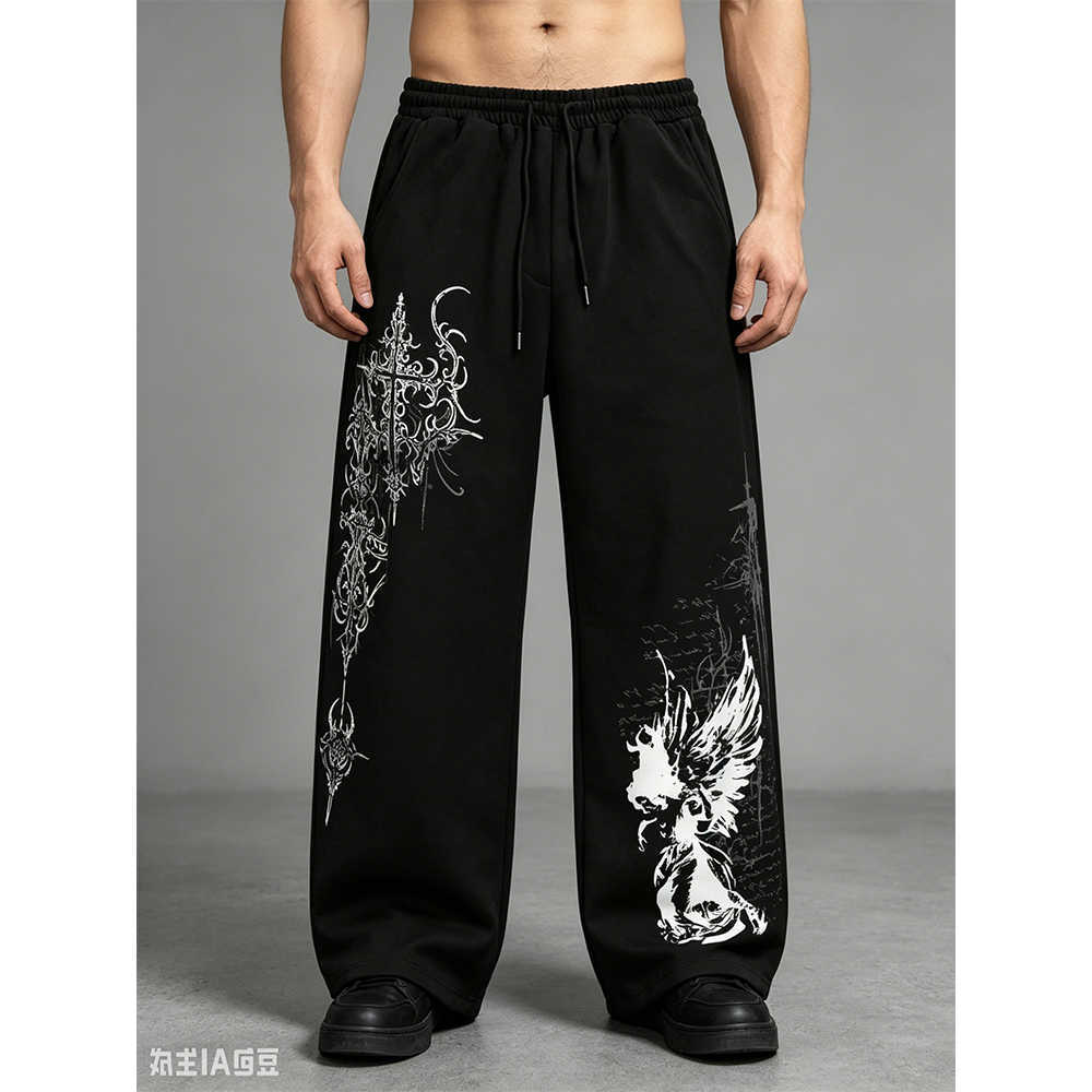 Men Women Summer Y2K Gothic Angel Print Wide Leg Sports Pants Street Wear Hip-hop Casual Drawstring Pants Harajuku Street StyleT260917