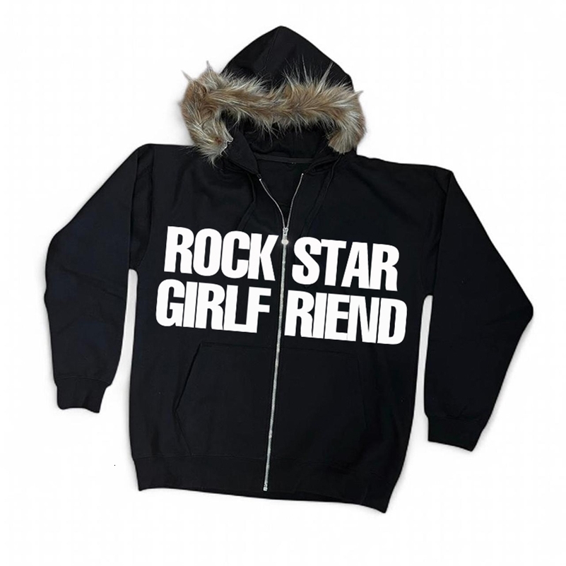 Harajuku hoodie stylish Y2K fur collar contrast color letter print retro gothic emo girl grunge rock aesthetic winter sweatshirt 260916