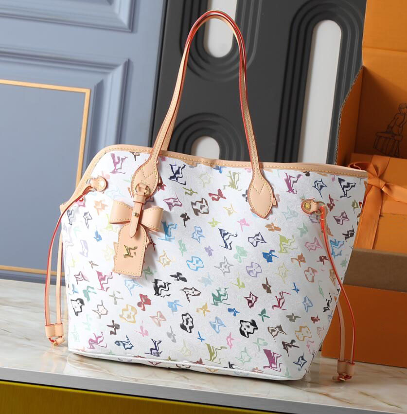 Luxury brand Designer Women Retro Multicolore Monogram Tote Handbag Neverwoof M27839 M40995 White Canvas Drawstring Design Top Handle Shopping Bag
