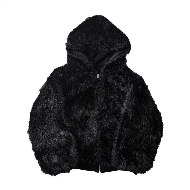 Autumn and Winter Oversized Thickened Warm Black Reversible Faux Fur Parka Coat Men with Hood Zipper Fluffy Jacket Hooded Coat260916