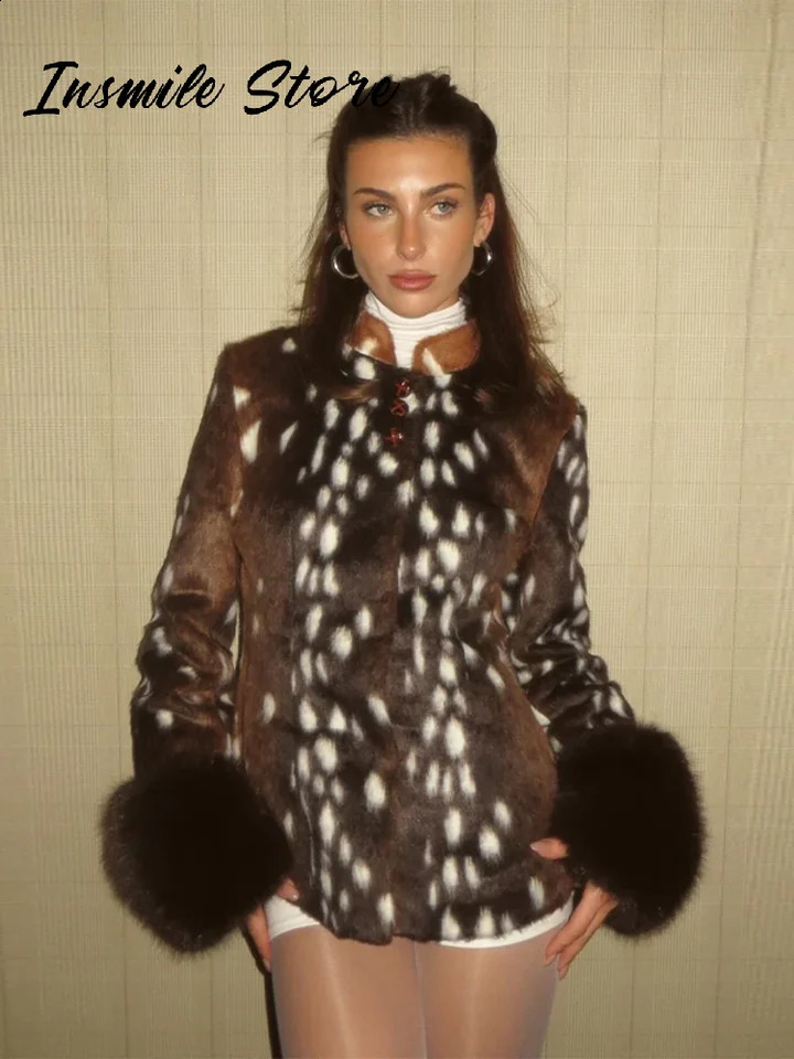 Vintage Women's Leopard Jacket Shoulder Pad Long Sleeves Faux Fur Patchwork Fitted Coats Female 2026 Autumn Winter Lady Outwear 260917