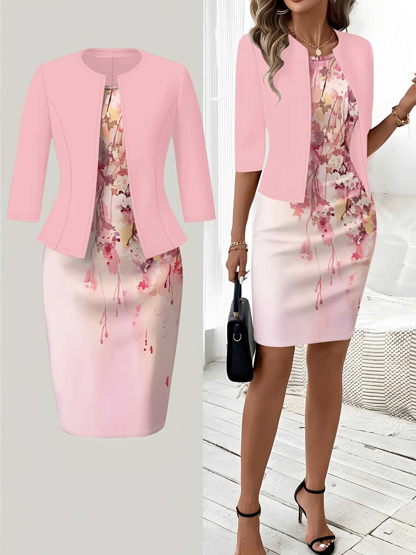 of Autumn Points Winter Pink Floral Print Vacation Elegant Round Neck Dress Set C260917