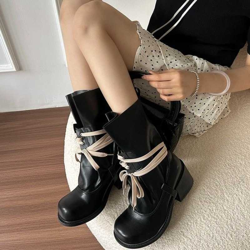 Matte Punk New Style Front Lace Up Mid Calf Lady Boots Round Toe Platform All-Match Casual Shoes Chunky Heels Boots D260917