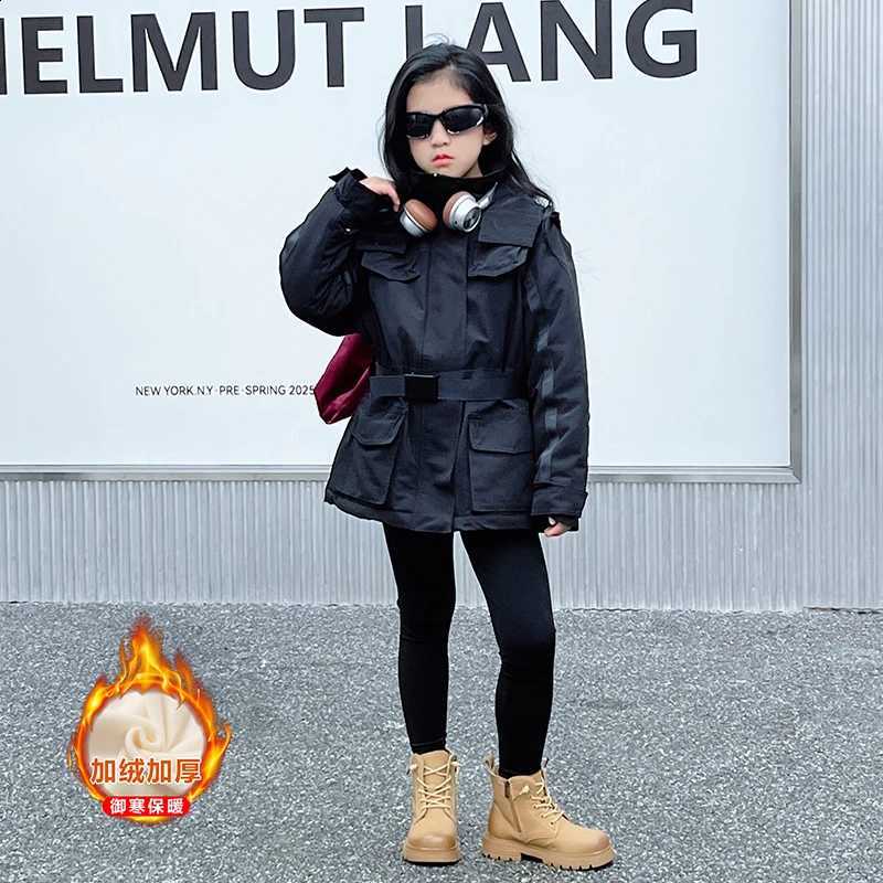 Windproof teen girls winter 8-10 jacket junior kids black multi-pocket zipper Workwear coat child Thick velvet outerwear Parkas J260917