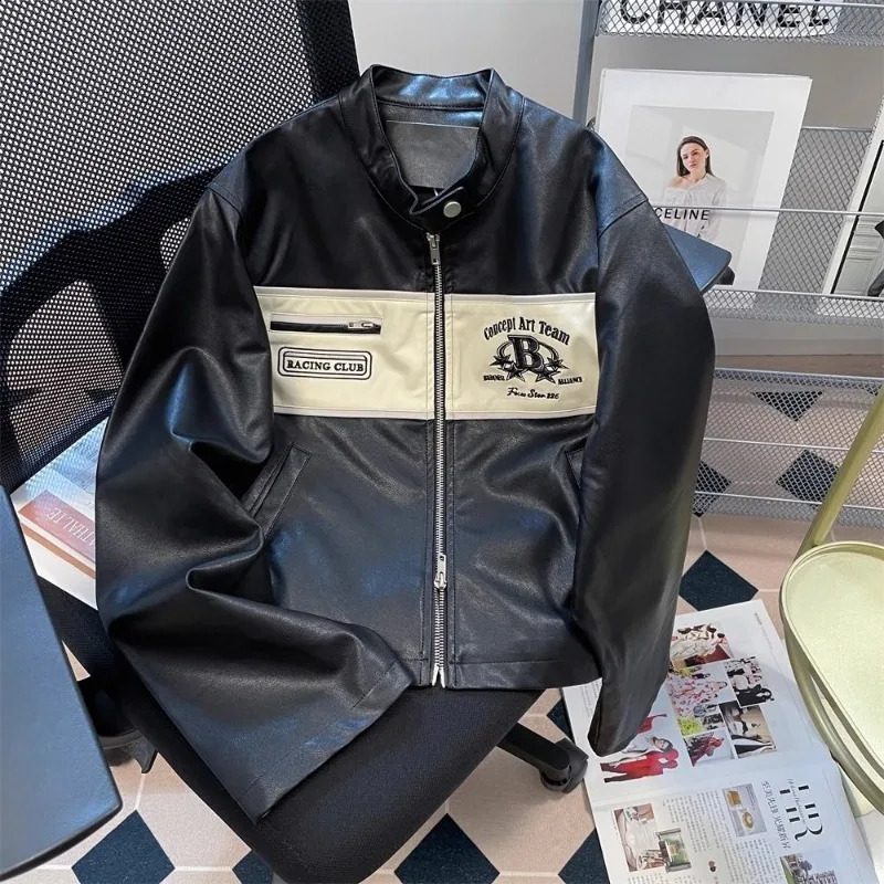 Men's Jacket Autumn Retro Contrast Color Stand Collar Motorcycle PU Leather Jacket Women's Short Double Zipper Jackets Tops 260915