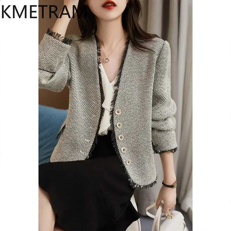 Tweed KMETRAM Fashion Jackets V-Neck Short Jacket High Quality New in Outerwear Fall Clothes Women 2024 Chaquetas Para Mujer C260917